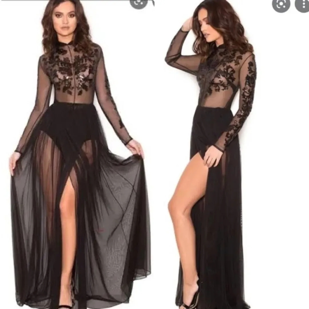 House of CB Black Sheer Lace Long Sleeve Dress